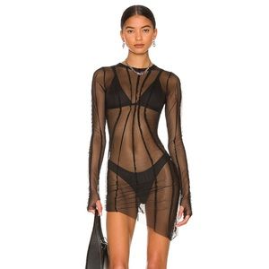 SAMI MIRO VINTAGE ASYMMETRICAL LONG SLEEVE MINI DRESS IN BLACK MESH SIZE XS